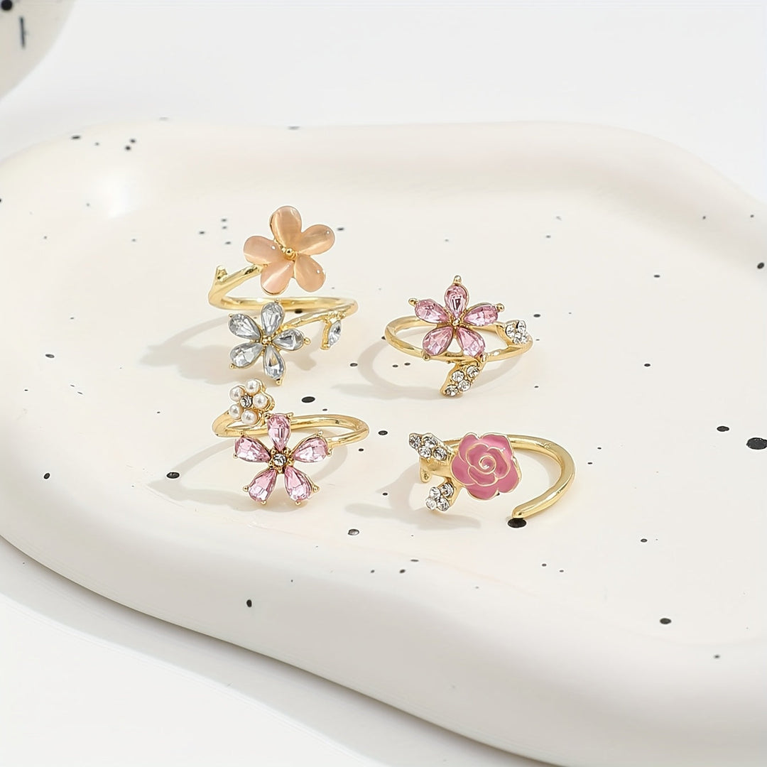 Alloy Ring Set with Rhinestones and Pearls