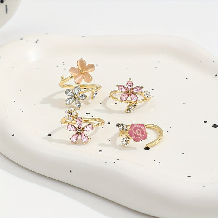 Alloy Ring Set with Rhinestones and Pearls