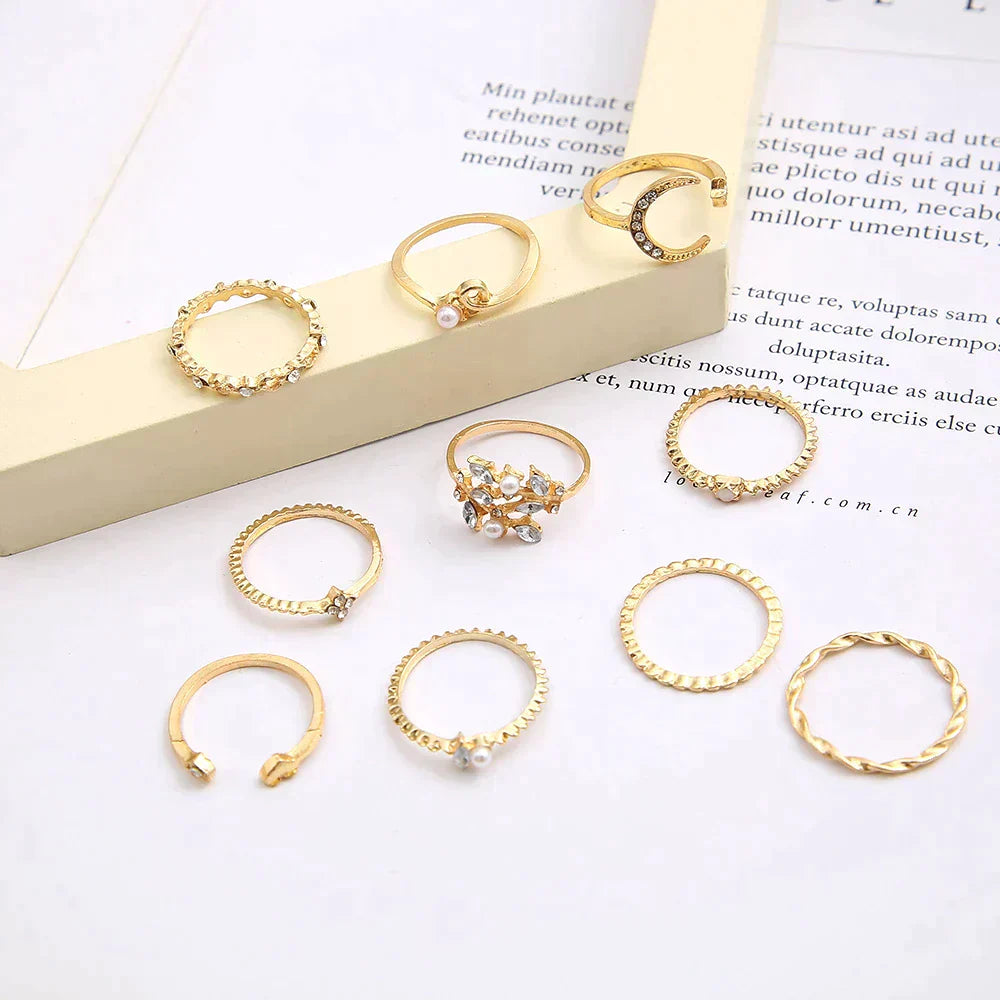 10-Piece Bohemian Gold and Silver Ring Set