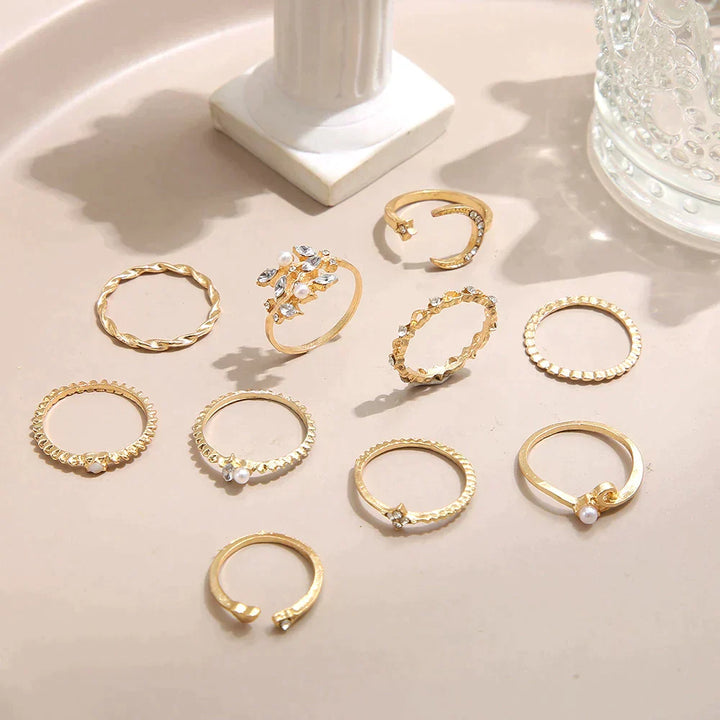 10-Piece Bohemian Gold and Silver Ring Set