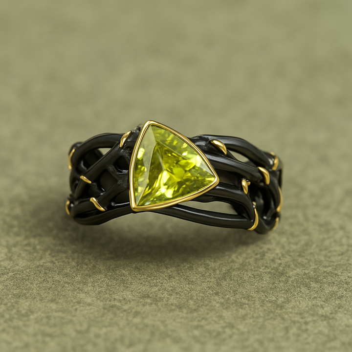 Black Gold Braided Ring with Green Gemstone