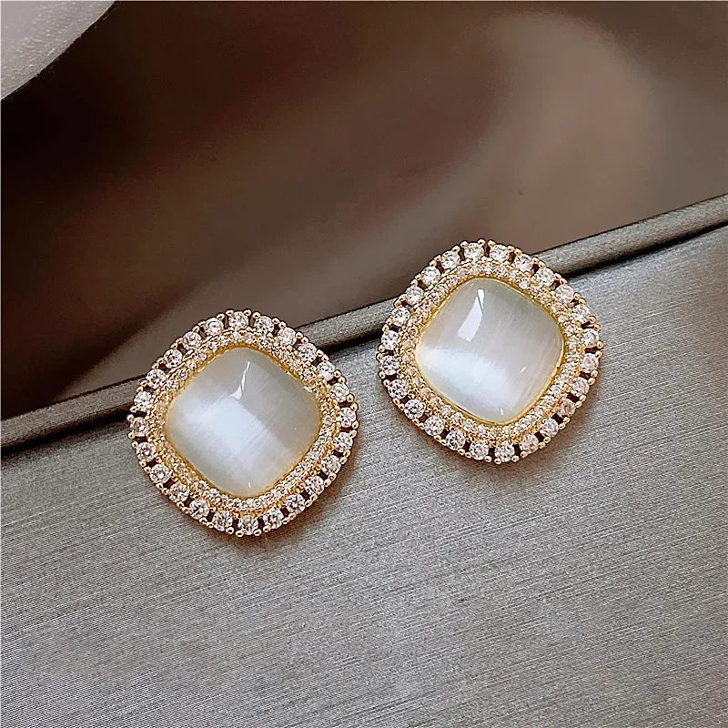 Chic Square Stud Earrings with Opal and CZ Crystal