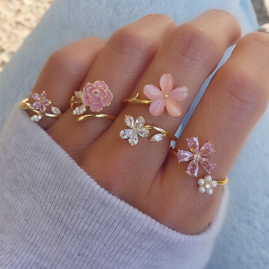 Alloy Ring Set with Rhinestones and Pearls