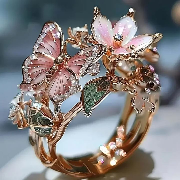 Nature-Inspired Luminous Butterfly Ring with Zirconia